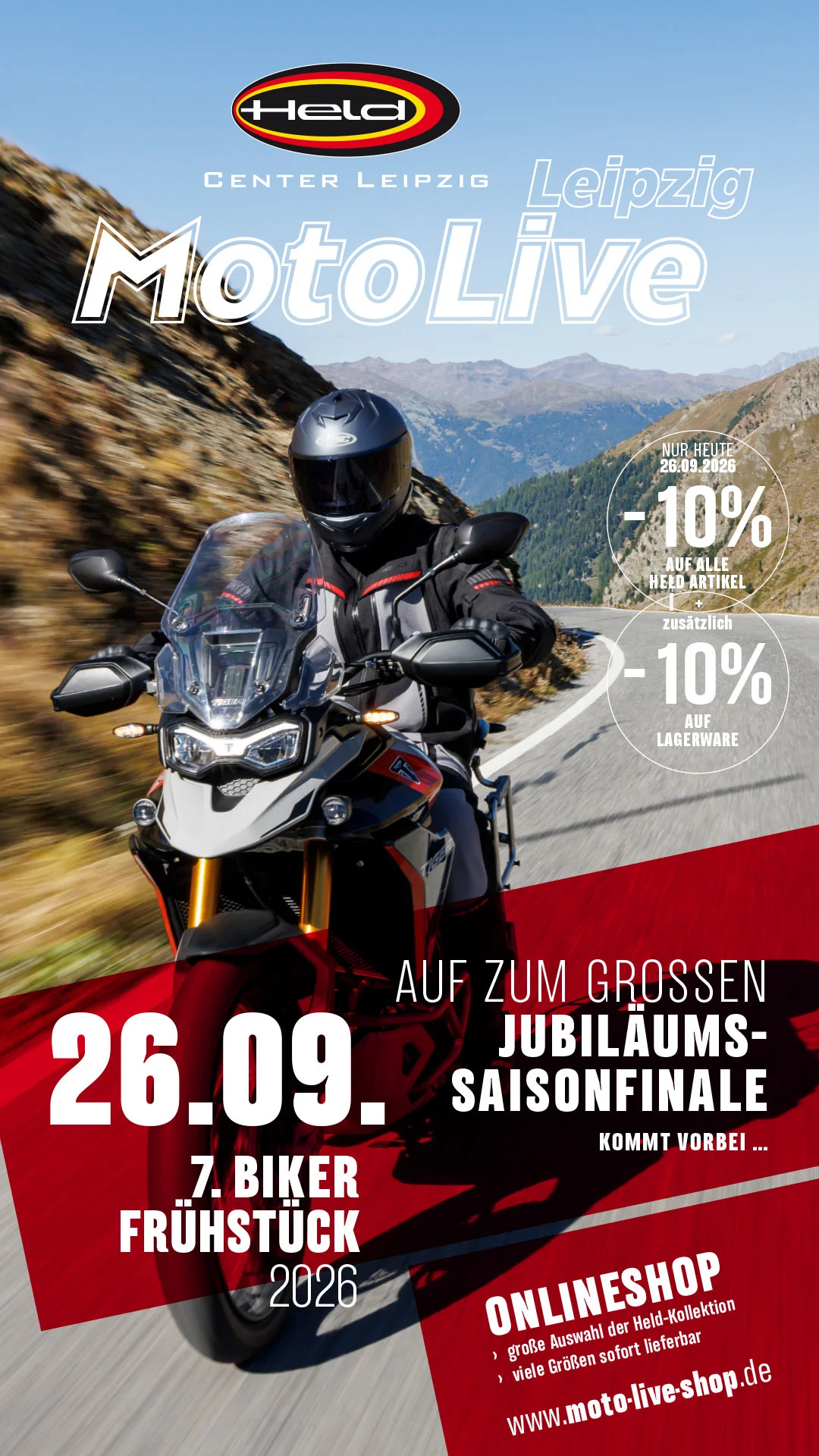 Saisonabschluss und Bikerfrühstück bei MotoLive Leipzig am 26.09.2026 mit 10 % + 10 % Jubiläumsrabatt und Alpinestars Tech-Air 5 Plasma