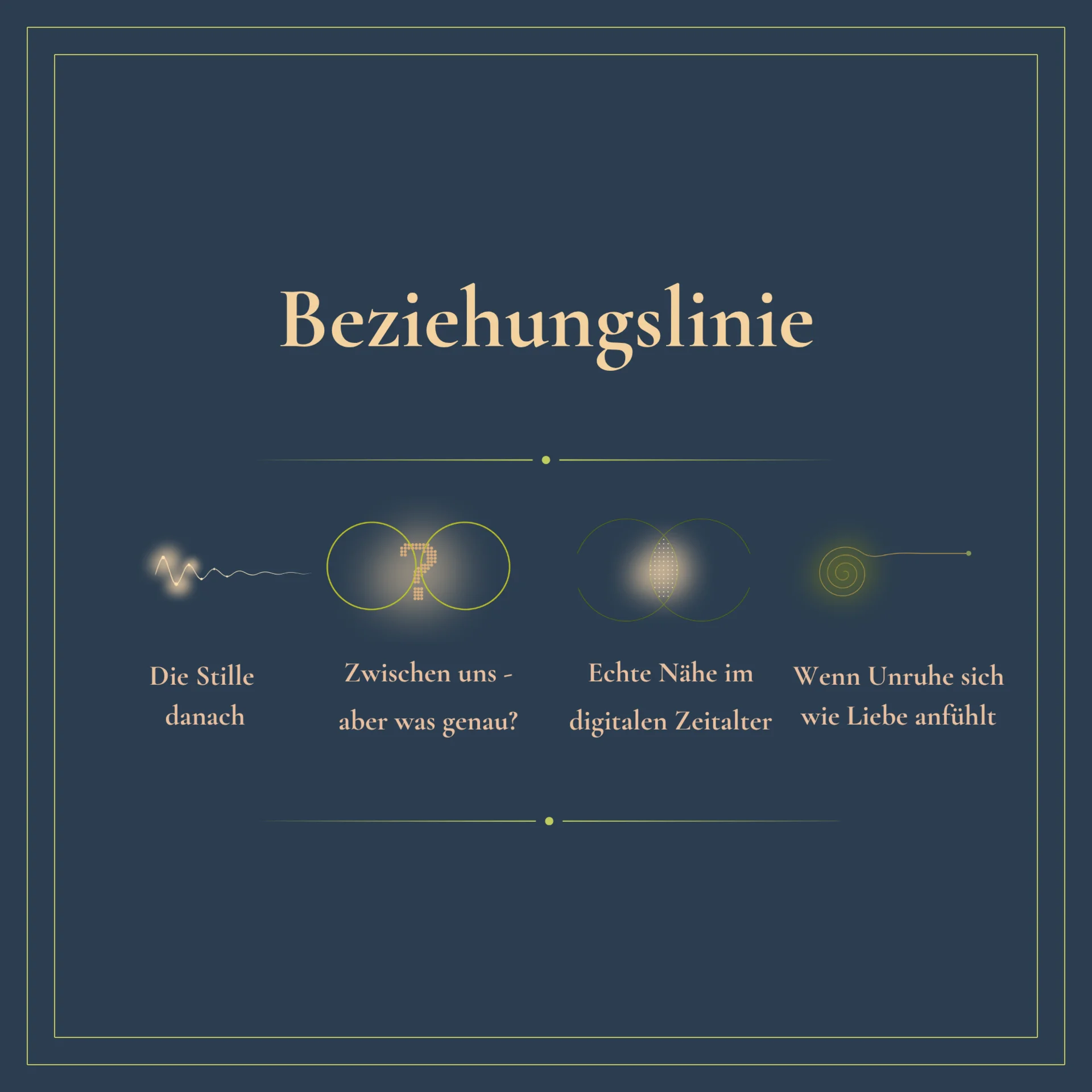 Die Stille danach“, „Zwischen uns – aber was genau?“, „Echte Nähe im digitalen Zeitalter“ und das Bonus-Arbeitsheft „Wenn Unruhe sich wie Liebe anfühlt“; Zentrale Fragen Warum eine Reaktion auf ausbleibenden Kontakt größer wirkt als der äußere Anlass Wie aus gefühlter Nähe eine gemeinsam vereinbarte Beziehungswirklichkeit wird Wie Auswahl, Aufmerksamkeit und KI die Bedingungen verändern, unter denen Nähe entsteht Ob Intensität und Tragfähigkeit einer Verbindung dasselbe sind