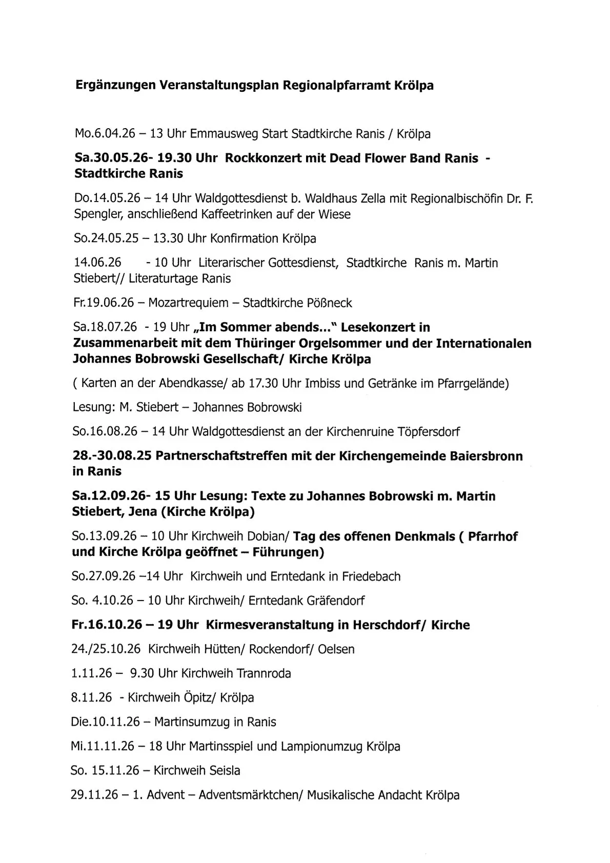 Veranstaltungskalender Regionalpfarramt Krölpa