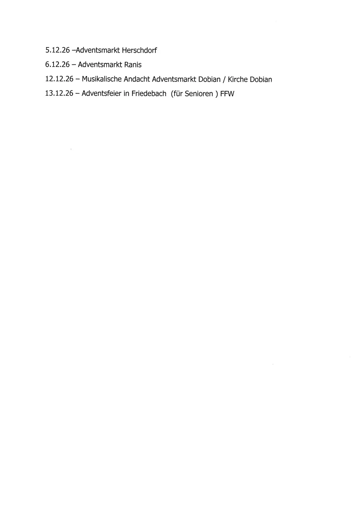 Veranstaltungskalender Regionalpfarramt Krölpa