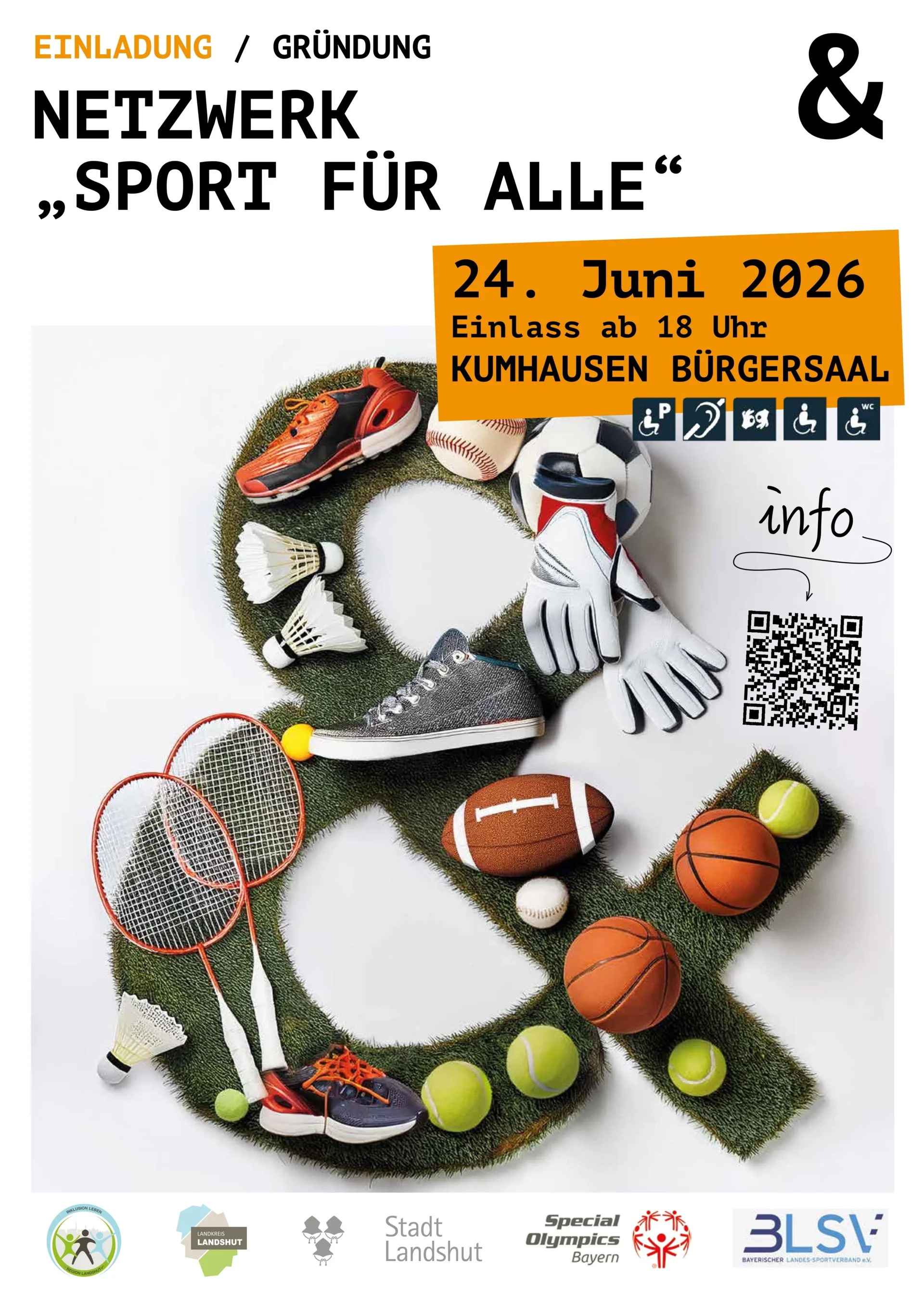 Einladung zur Gründung des Netzwerks Sport für alle: Ein &-Zeichen aus Gras und darauf unterschiedliche Sportutensilien, wie Federballschläger, Tennisbälle usw. Unterhalb des Bildes sind die Logos der Inklusiven Region Landshut, der Landkreises und der Stadt Landshut, von Special Olympics Bayern und vom BLSV.