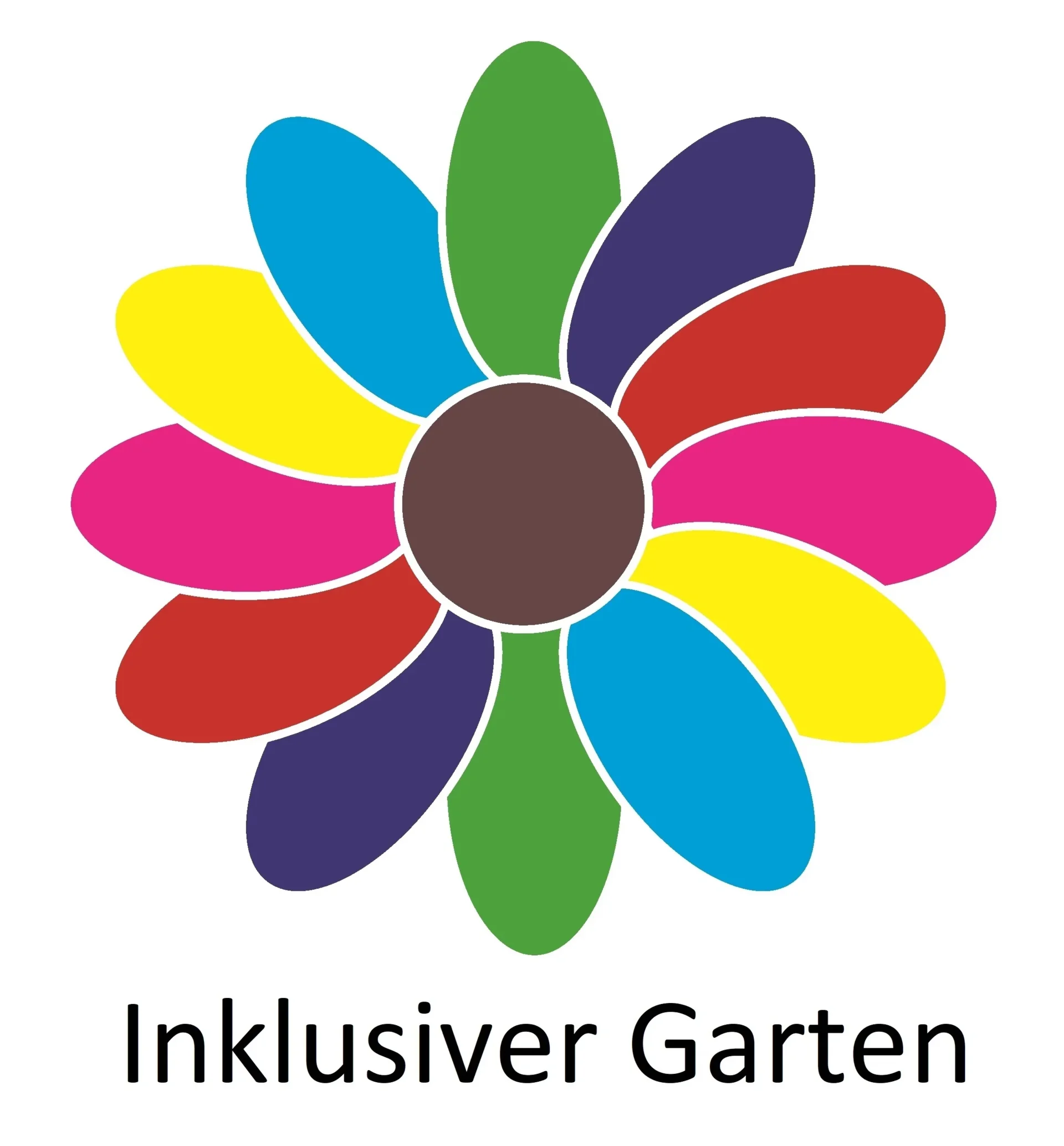 Das Logo des Inkusiven Garten: Eine Blume mit bunten Blütenblättern. Darunter der Schriftzug "Inklusiver Garten"
