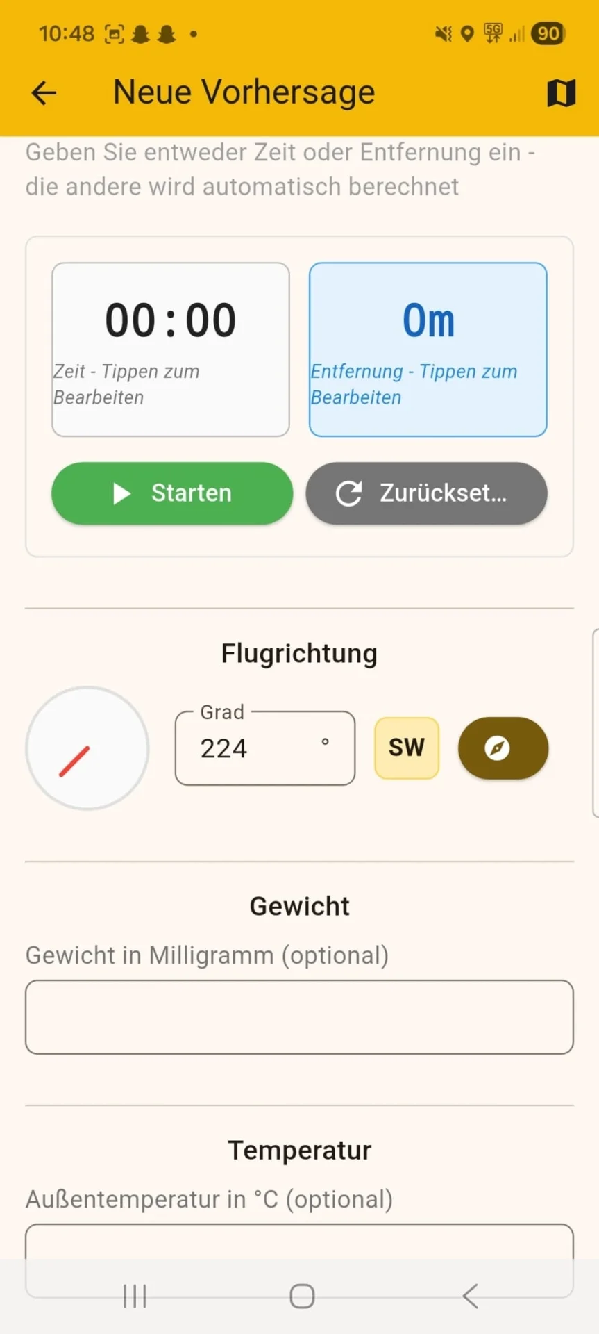 Beim Starten der Zeit nach dem die markierte Hornisse frei gelassen wurde stehen dort zu anfang 100m die App fängt nach einer Minute an die Berechnung zu aktualisieren.