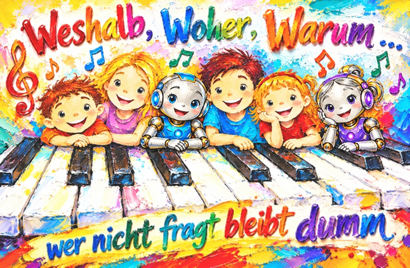 Vier Kinder und zwei Androiden am Klavier