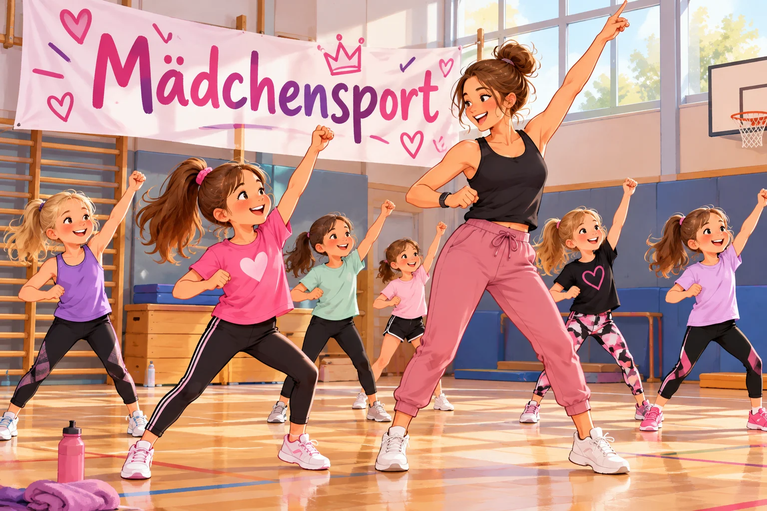 Fröhliche Mädchensportstunde im Turnsaal