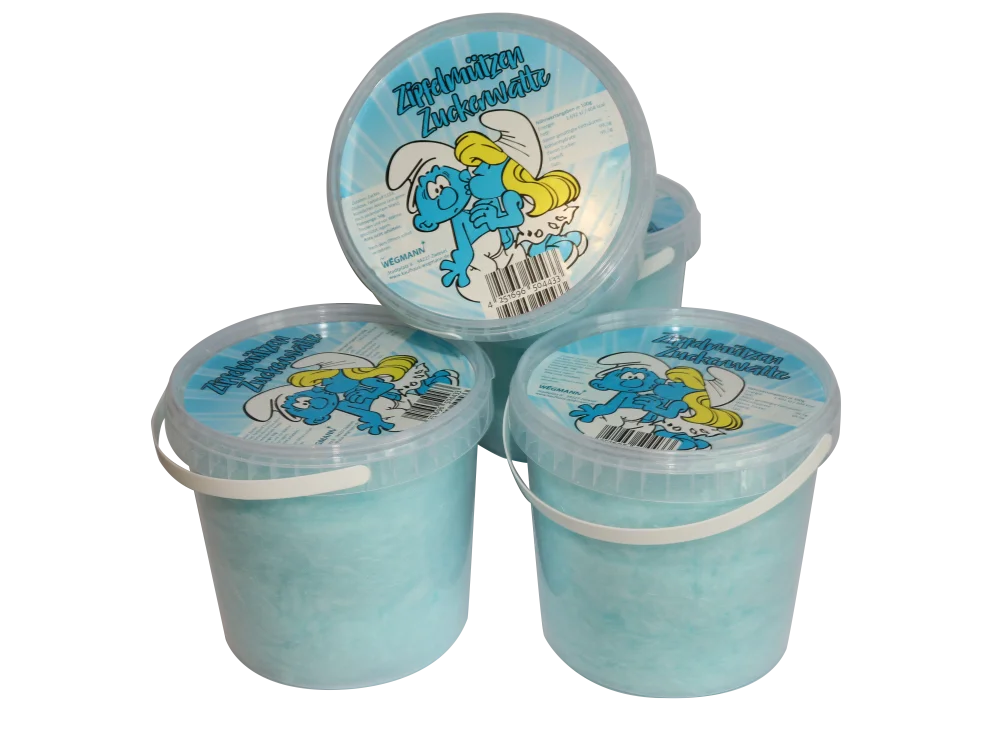 Zuckerwatte | Blaue Zipfelmützen Zuckerwatte im Eimer | Heidelbeergeschmack