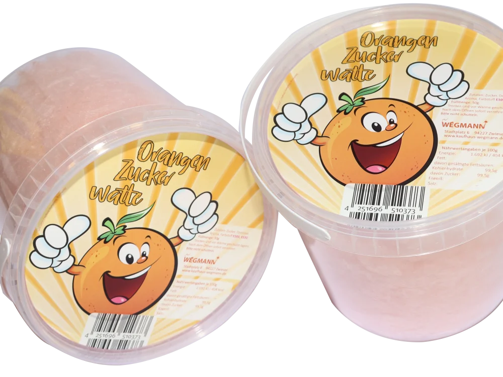 Zuckerwatte Orange im Eimer – Jahrmarkt-Feeling für Zuhause | Perfekt für Kindergeburtstag & Party | Luftig & Fruchtig | 50 g Premium Zuckerwatte von