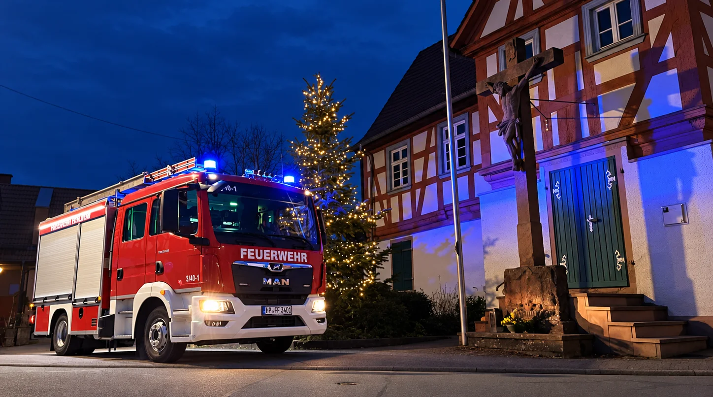 Feuerwehrfahrzeug vor beleuchtetem Fachwerkhaus