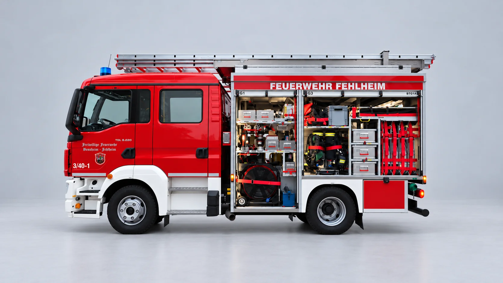 Feuerwehrfahrzeug im Studio auf grauem Hintergrund