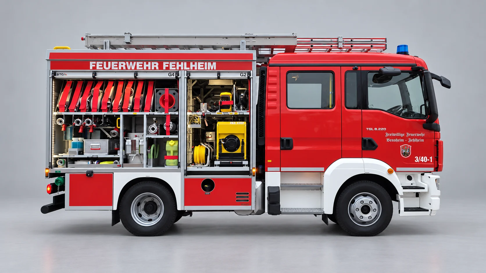 Roter MAN-Feuerwehrwagen in Seitenansicht