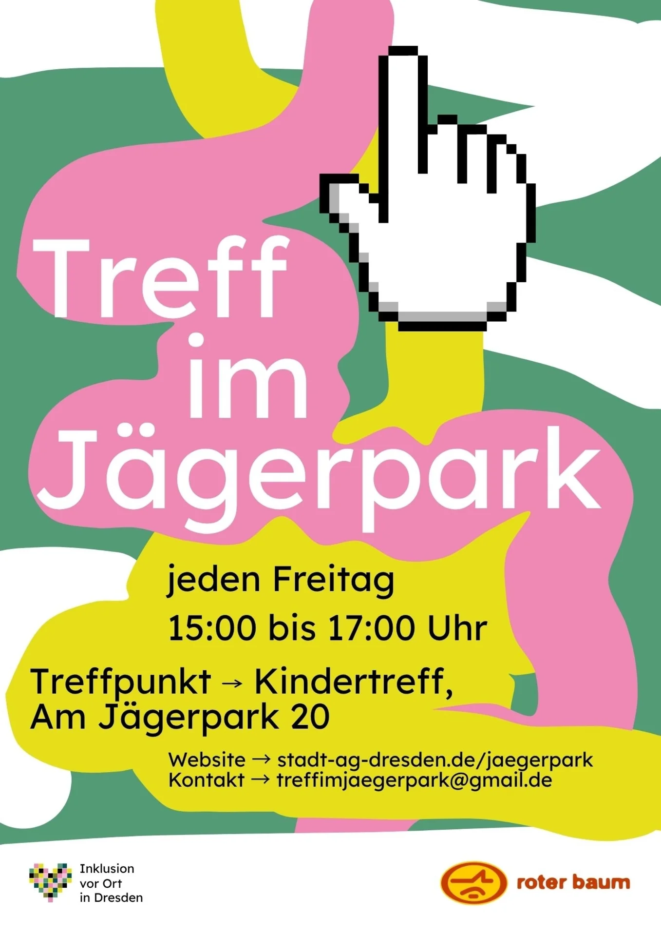 Das Plakat zu "Treff im Jägerpark", es ist grün mit vielen bunten Linien in gelb, pink und weiß.