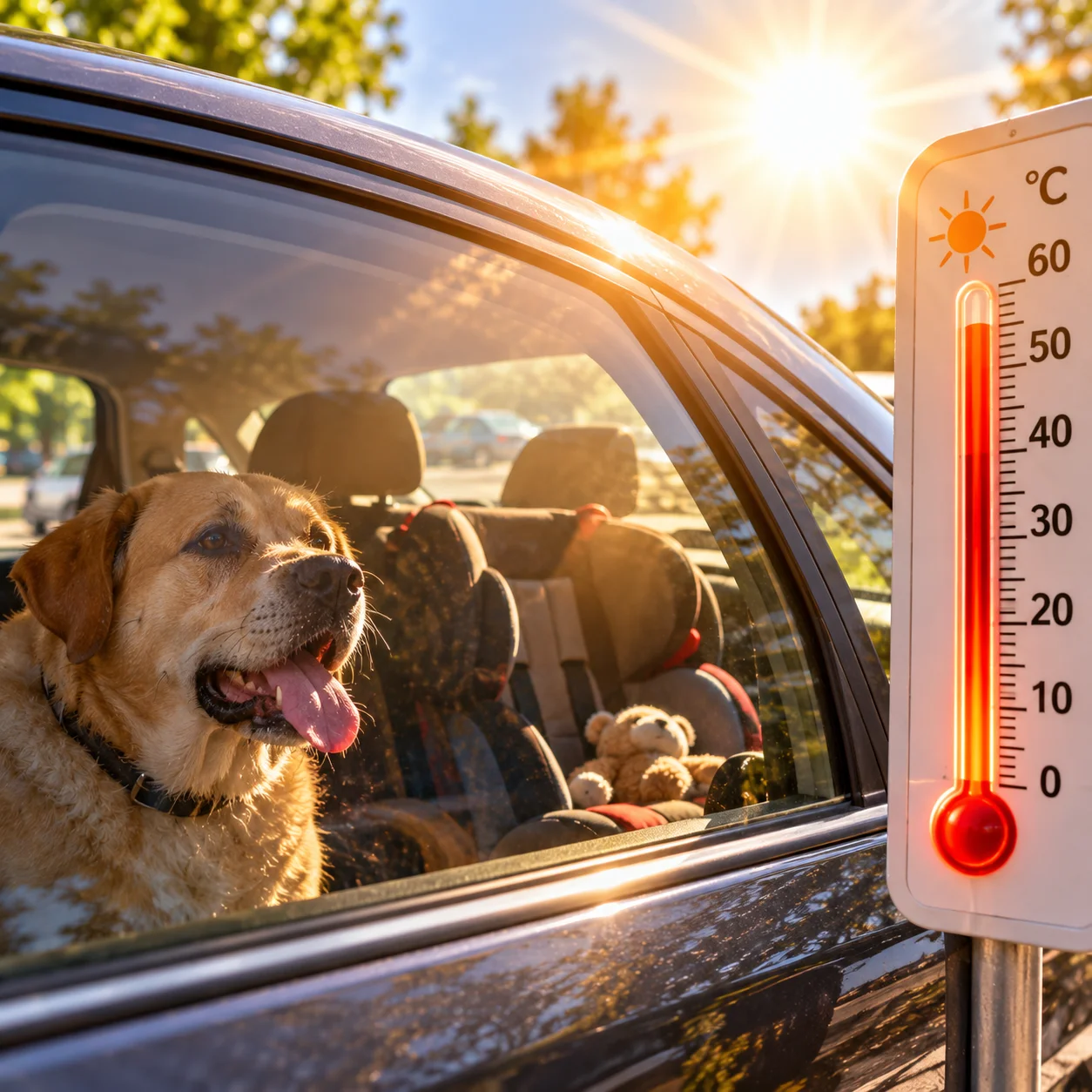 Hund im überhitzten Auto mit Thermometer