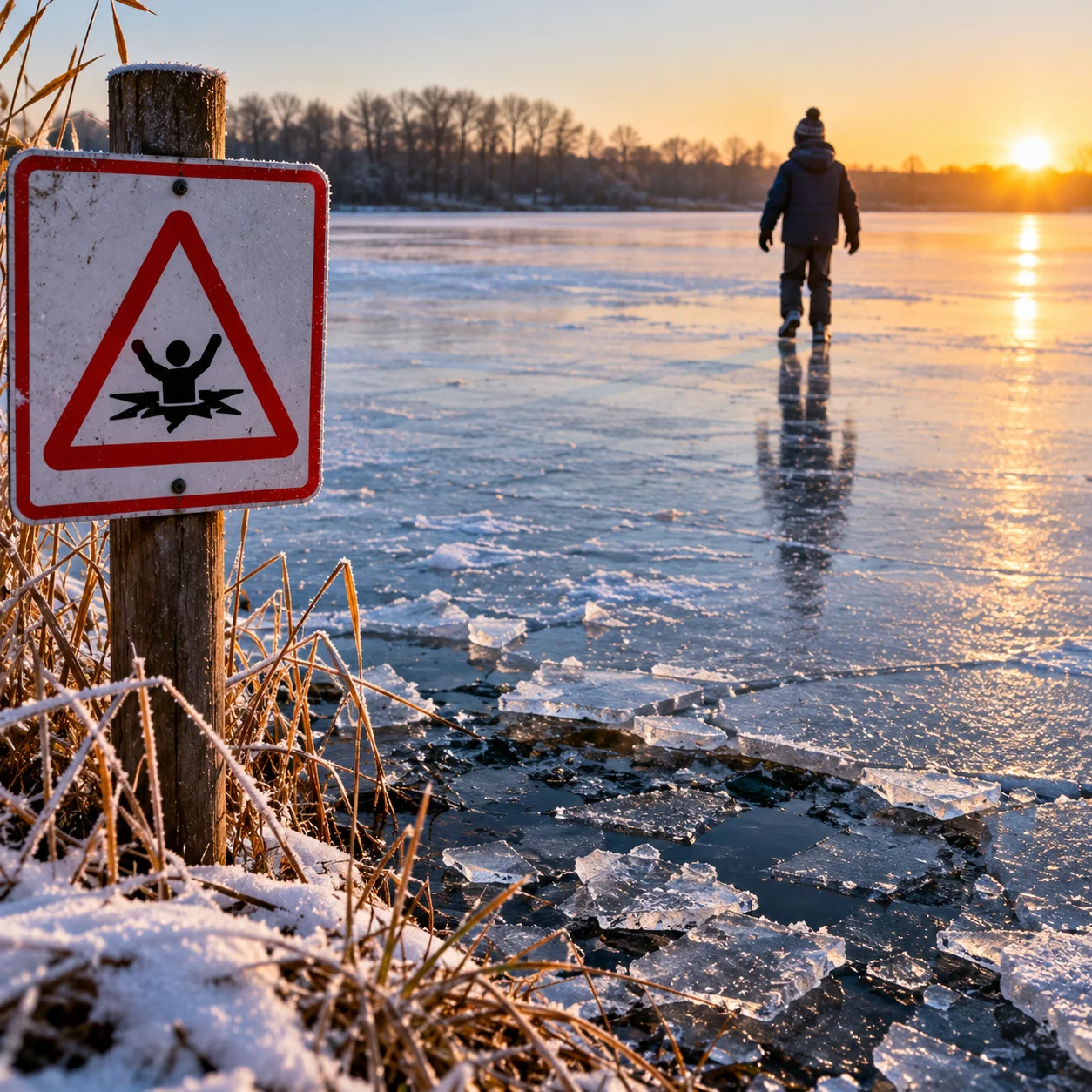 Warnung vor dünnem Eis bei Sonnenaufgang