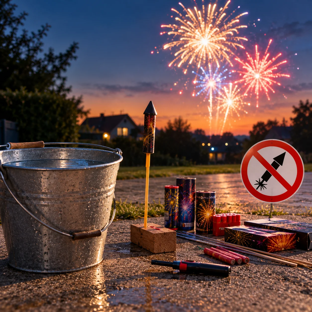 Sicheres Feuerwerk im Abendlicht