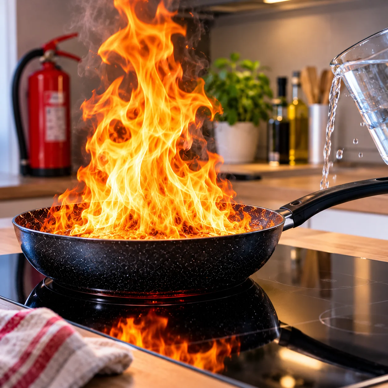Brennende Pfanne mit Wassergefahr