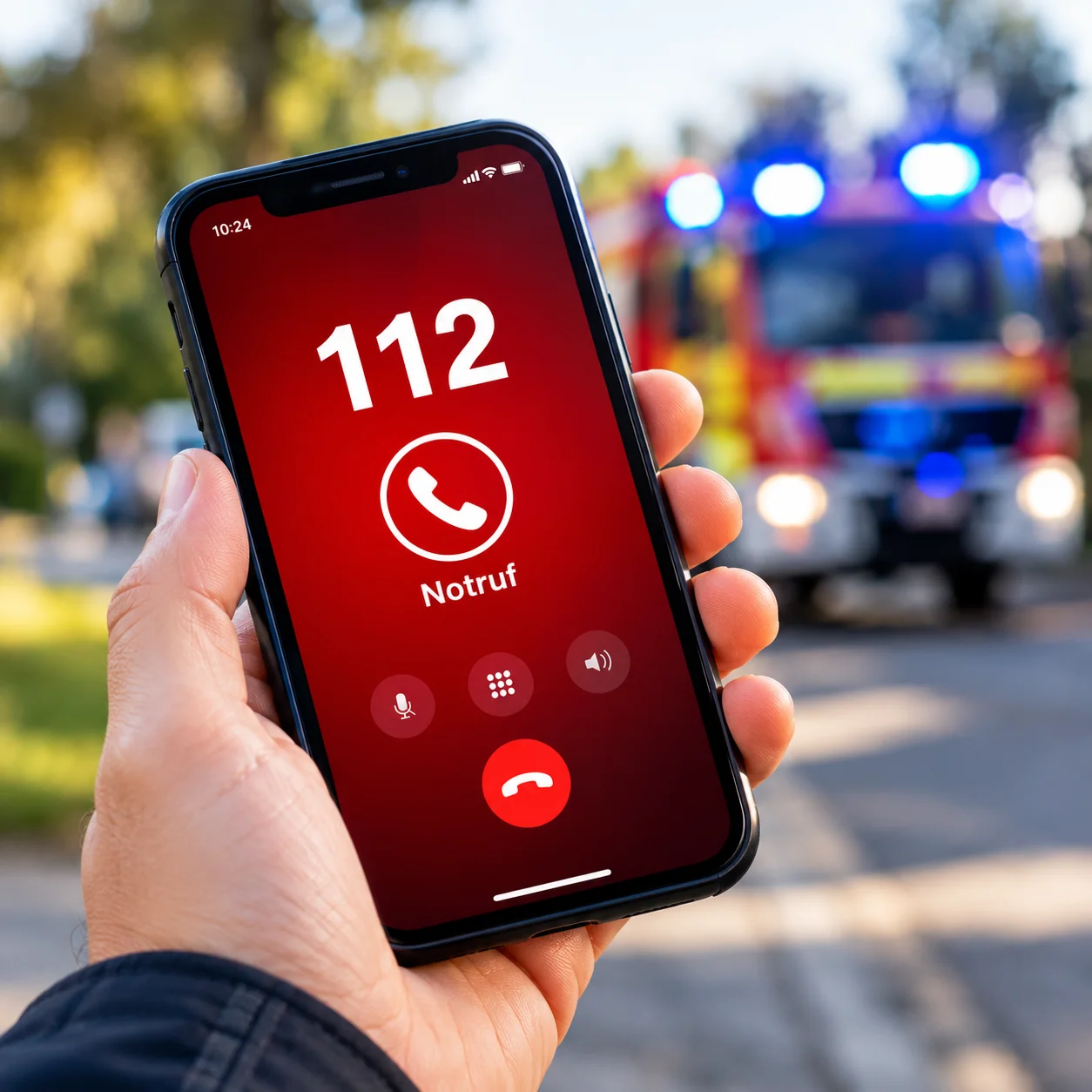 Smartphone mit 112-Notruf vor Rettungsfahrzeug (1)