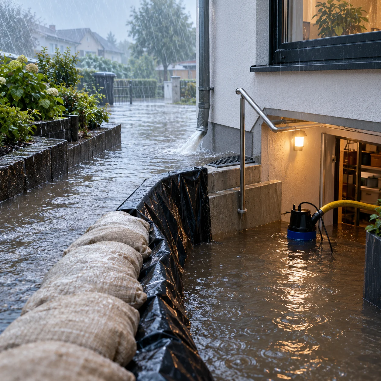 Überfluteter Hauseingang im Regen