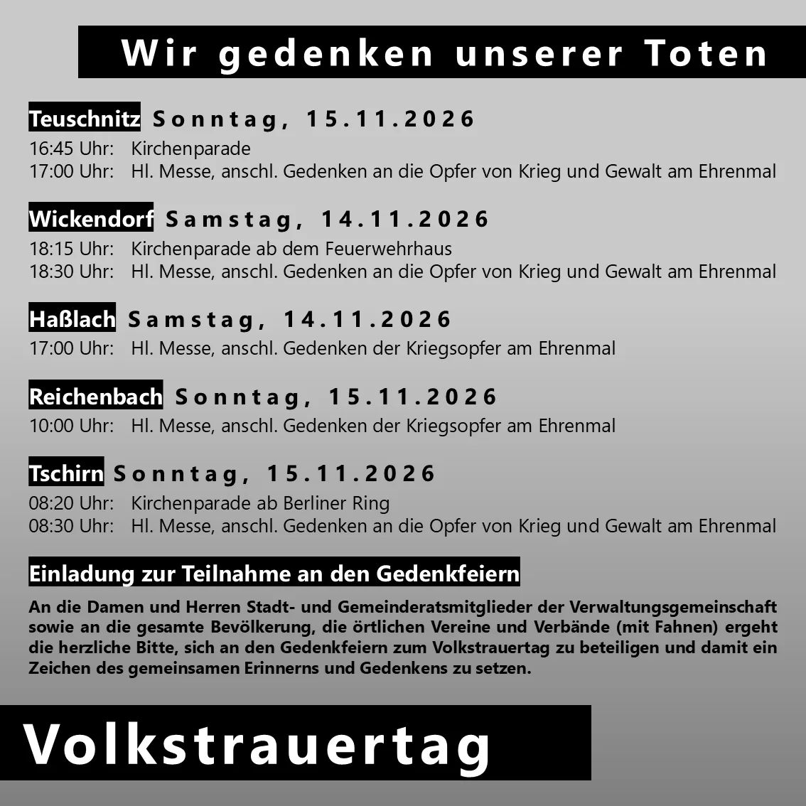 Termine zum Volkstrauertag 2026