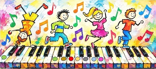 Tanzende Kinder auf bunten Tasten-Notation eingefärbte Punkte-