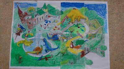 Ausgemaltes Posterbild zu "Dinosaurier in Omas Garten". 