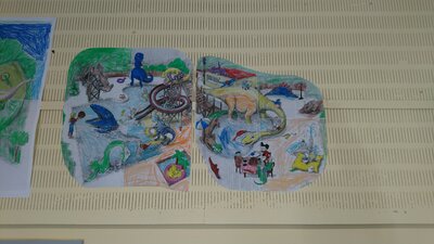 Ausgemaltes Posterbild zu "Dinosaurier im Freibad". 