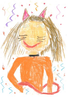Samanta Strangfeld, 16 Jahre: &bdquo;Ich m&ouml;chte gern mal zum Fasching als Katze gehen. Meine Oma hat eine Katze, die ich sehr mag.&ldquo;, Bild mit Malkreide gemalt  (Bild vergr&ouml;&szlig;ern)
