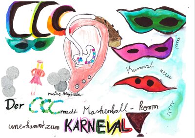 Timea Mende, 11 Jahre: Timea liebt den Karneval, ist selber seit sie 5 Jahre alt ist, in der Funkengarde des Calauer Carnevalsverein. Auf dem Bild hat sie ihre eigenen H&ouml;rger&auml;te gemalt verbunden mit viel Karneval.  (Bild vergr&ouml;&szlig;ern)