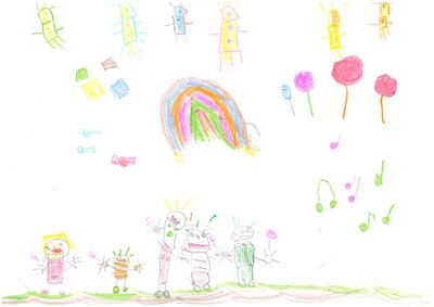 Hiba Clara Boutiche, 4 Jahre: "Das Bild zeigt ganz viel Liebe. An Karneval freuen sich alle lieben sich. Die Menschen sind verkleidet und lustig. Es gibt tolle Musik, viele S&uuml;&szlig;igkeiten und &uuml;berall fliegen Luftballons und Konfetti durch die Luft, manchmal auch Raketen. Der Karneval ist bunt wie ein Regenbogen."  (Bild vergr&ouml;&szlig;ern)
