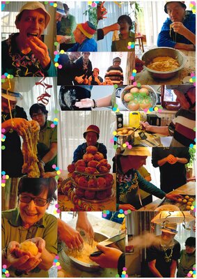 Diakonie Libera Christophorus-Heim, Wohngruppe Ortrand, Christian Schulze, 35 Jahre; B&auml;rbel G&uuml;nther, 62 Jahre; Thomas M&uuml;ller; Olaf George; Frank Matthias, 59 Jahre: gemeinsam gestaltete Foto-Collage: "Zum Karneval / Fasching geh&ouml;ren f&uuml;r uns immer Pfannkuchen. Selbstbemachte schmecken da am besten. Bei der Zubereitung hatten wir riesigen Spa&szlig; und geschmeckt hat es im Anschluss auch. Das war ein toller Tag."  (Bild vergr&ouml;&szlig;ern)