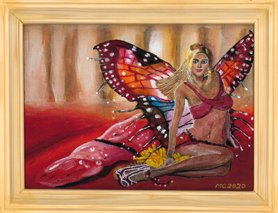 Mike Cegielski, 49 Jahre: &bdquo;Das Bild ist mit Acryl-Farben auf Leinwand gemalt. Was verbindet das Bild mit Karneval? &ndash; Sch&ouml;nes Kost&uuml;m als Schmetterling"  (Bild vergr&ouml;&szlig;ern)