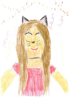 Cindy Obereich, 16 Jahre: &bdquo;Ich habe zu Hause zwei Katzen, mit denen ich immer kuschele. Mir gef&auml;llt sehr ein solches Katzenkost&uuml;m.&ldquo;, Bild mit Malkreide gemalt  (Bild vergr&ouml;&szlig;ern)