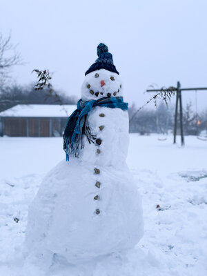Mit Schal und M&uuml;tze: Frieren muss dieser Schneemann nicht. Foto: Privat  (Bild vergr&ouml;&szlig;ern)