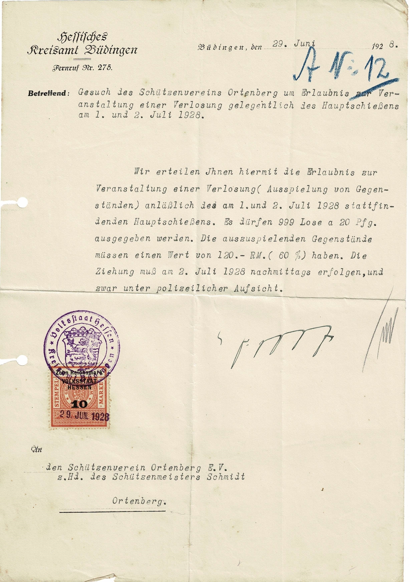 Bild: Genehmigung zur Verlosung 1928