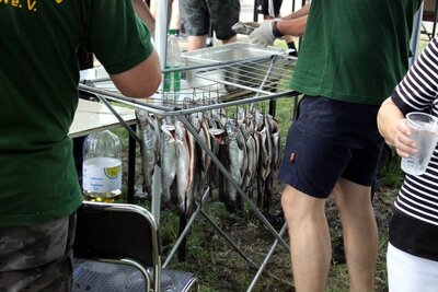 die frischen Forellen werden auf ihre Vergoldung vorbereitet 