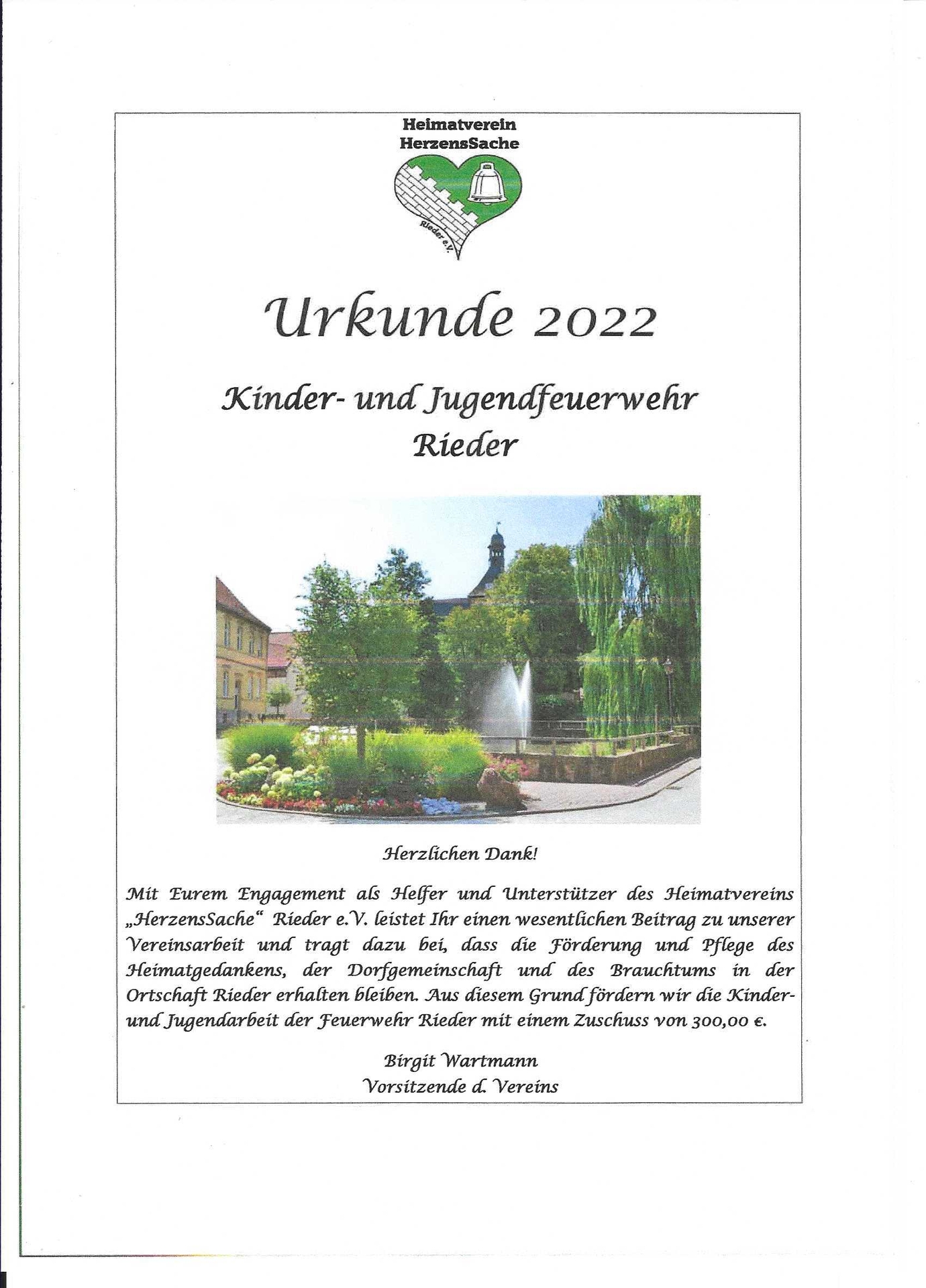 Bild : Urkunde 2022 Kinder- und Jugendfeuerwehr