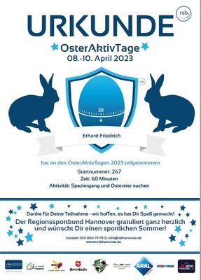 Foto des Albums: Regionssportbund Hannover (RSB) hat heute die URKUNDEN für die Teilnehmer der OsterAktivTage ... (18. 04. 2023)