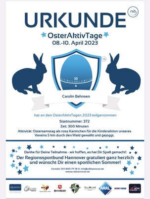 Foto des Albums: Regionssportbund Hannover (RSB) hat heute die URKUNDEN für die Teilnehmer der OsterAktivTage ... (18. 04. 2023)