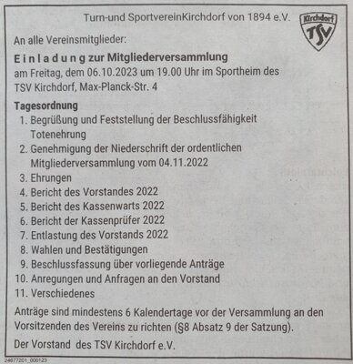 Foto des Albums: Mitgliederversammlung im Sportheim des TSV Kirchdorf am 06.10.2023 ... (07. 10. 2023)