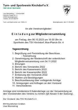 Foto des Albums: Mitgliederversammlung im Sportheim des TSV Kirchdorf am 06.10.2023 ... (07. 10. 2023)