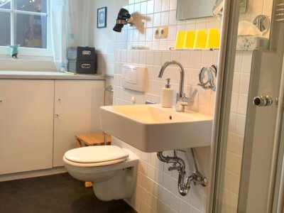 Badezimmer mit ebenerdiger Dusche und WC  (Bild vergr&ouml;&szlig;ern)
