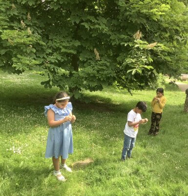 Weil die L&ouml;wenzahnst&auml;ngel hohl sind, k&ouml;nnen wir Ketten aus Ihnen herstellen. Wer schafft die l&auml;ngste Kette?  (Bild vergr&ouml;&szlig;ern)