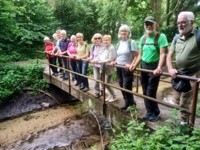 Kleiner Steg mit Wandergruppe  (Bild vergr&ouml;&szlig;ern)