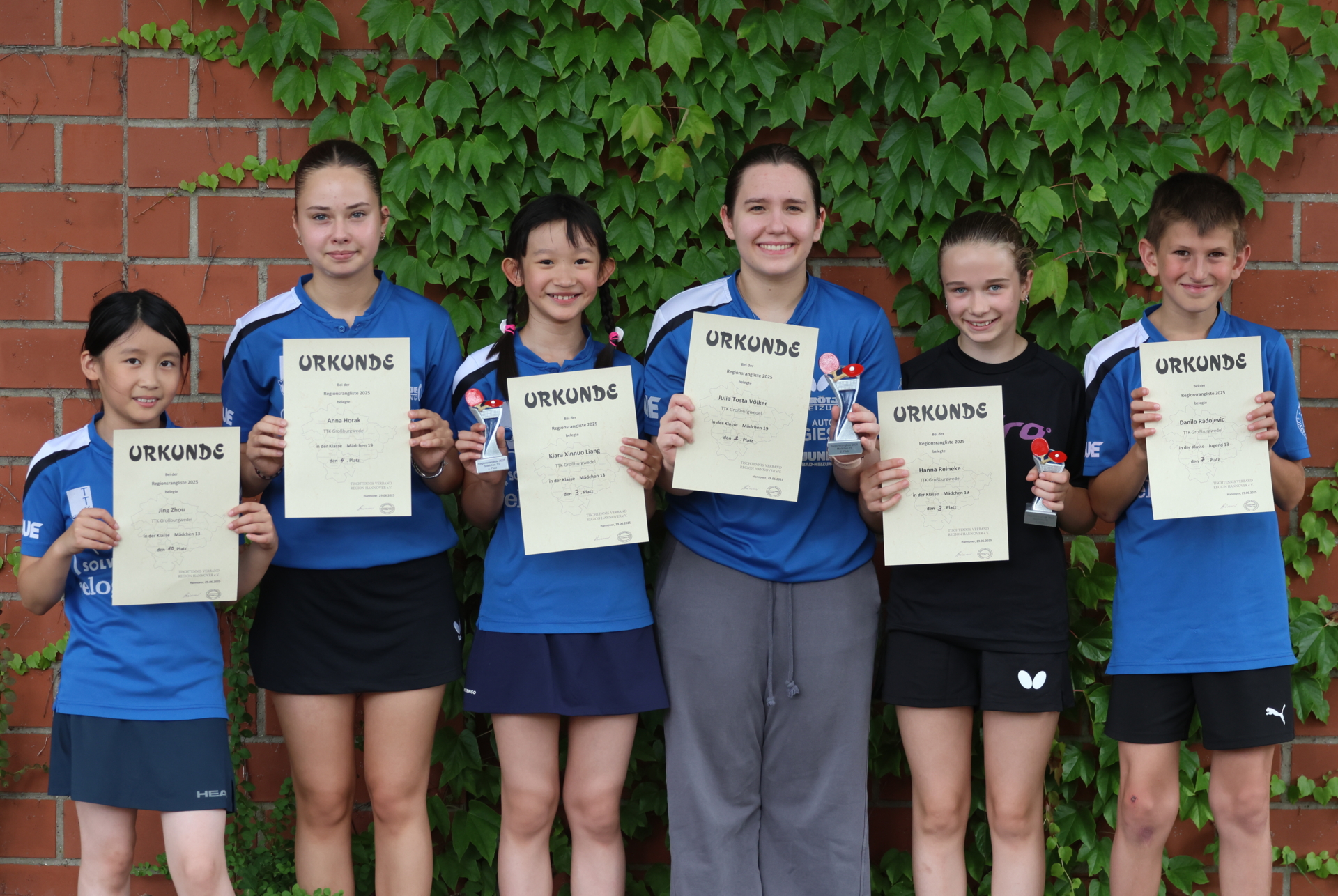 Bild: vlnr. Jing (10.Platz M13), Anna (4.Platz M19), Klara (3.Platz M13), Julia (2.Platz M19), Hanna (3.Platz M19), Danilo (7.Platz J13)
