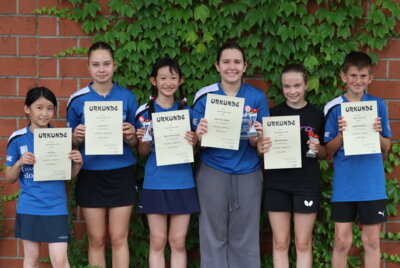 Vorschaubild: vlnr. Jing (10.Platz M13), Anna (4.Platz M19), Klara (3.Platz M13), Julia (2.Platz M19), Hanna (3.Platz M19), Danilo (7.Platz J13)