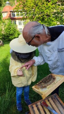 Mit Imker Heinrich Herb am Bienenstock.  (Bild vergr&ouml;&szlig;ern)