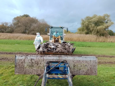 &Uuml;bergabe vom Truxor zum Radlader, an Land kann herk&ouml;mmliche Technik helfen 