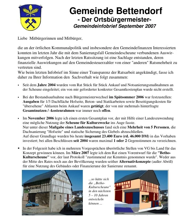 Bild: 2007 Die Idee zur Sanierung der Anfang der 2000-er gekauften Behto-ScheuneBrief Screenshot 2025-12-26 100523