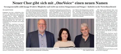 Neuer Chor gibt sich mit &bdquo;OneVoice&ldquo; einen neuen Namen  (Bild vergr&ouml;&szlig;ern)