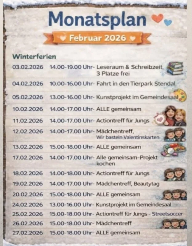 Bild: Veranstaltungsplan Februar 2026 - Jugendklub Nennhausen