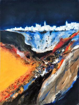 Wei&szlig;es Dorf (2025, gespachelt, Lavasteinchen, Acryl auf Leinwand, 60x80cm)  (Bild vergr&ouml;&szlig;ern)